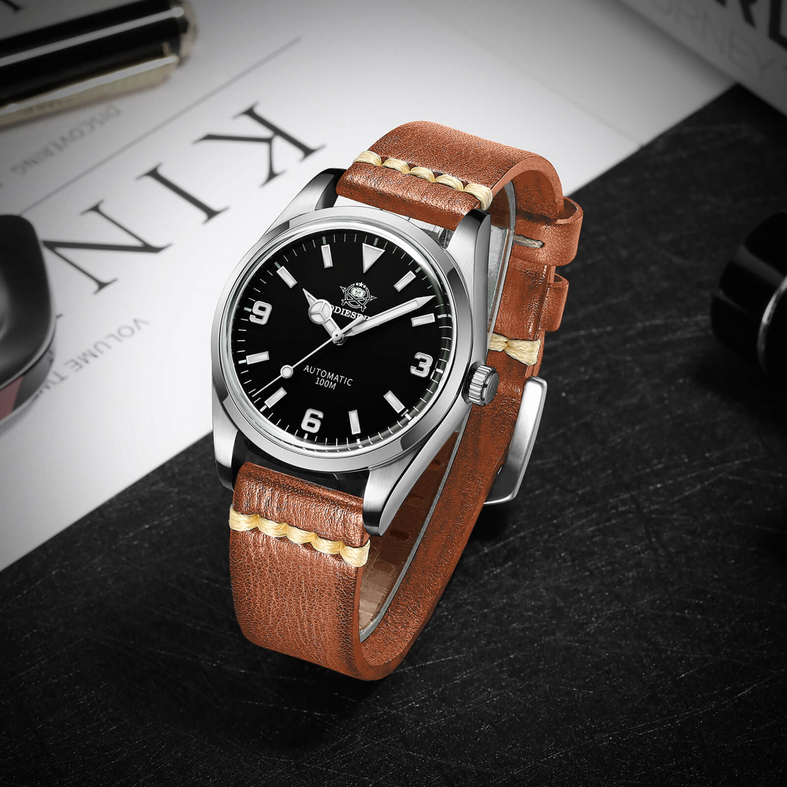 ADDIESDIVE 38mm Automatic Watch 100M (AD2112-leather strap ) - Image 9