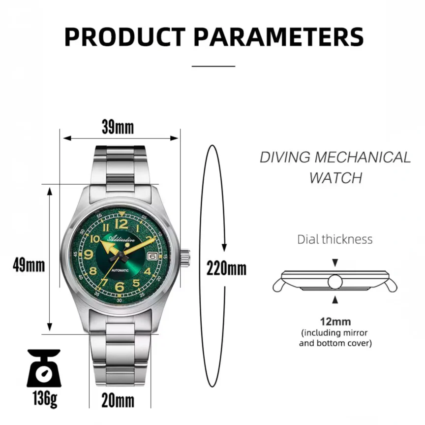 ADDIESDIVE 39mm Explore Retro Mechanical Men Watch AD2055 - Image 2