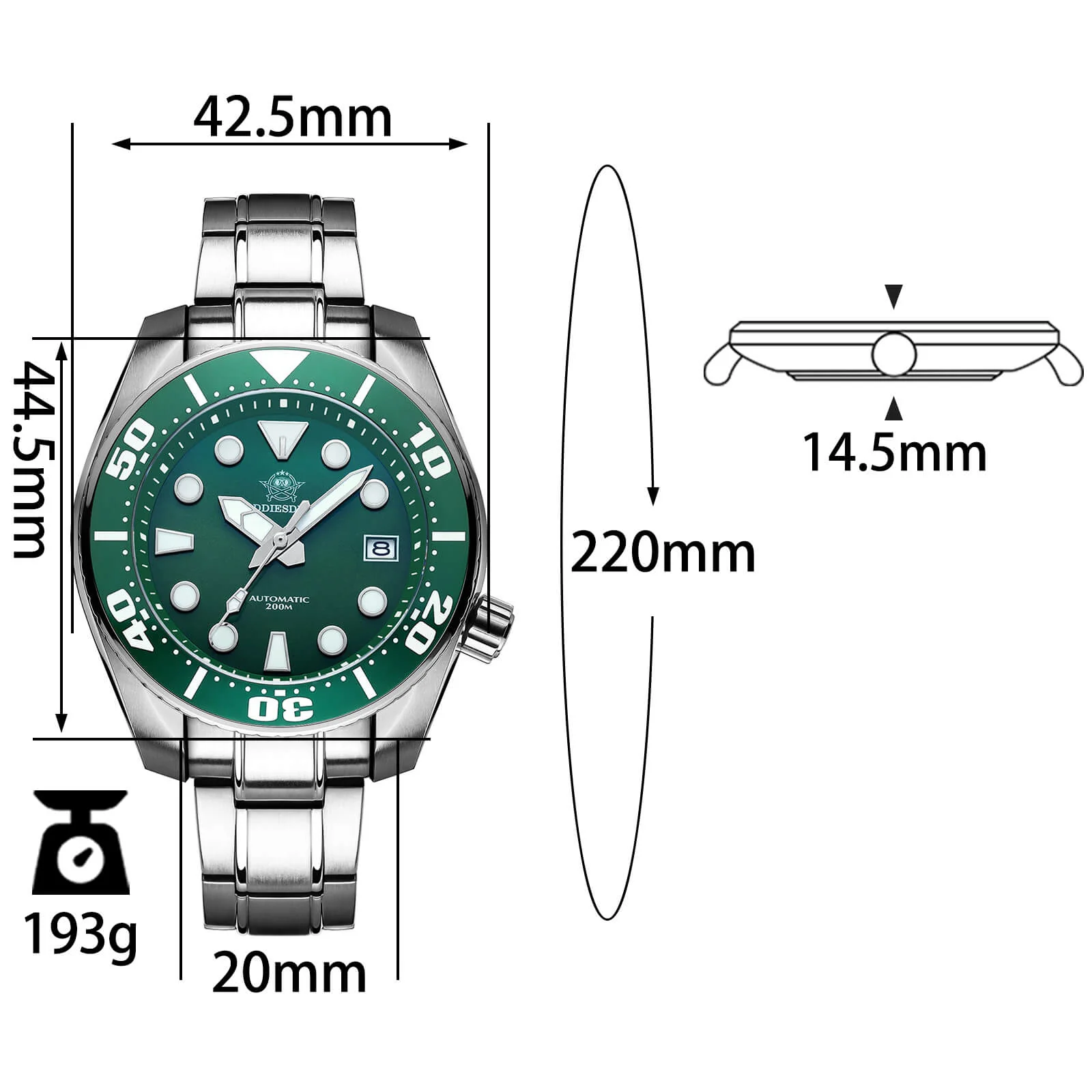 🔥Anniversary Sale🔥ADDIESDIVE® Sumo Green Professional Dive Watch for Men 44.5mm (MY-H10) Black/Green Dial - Image 4
