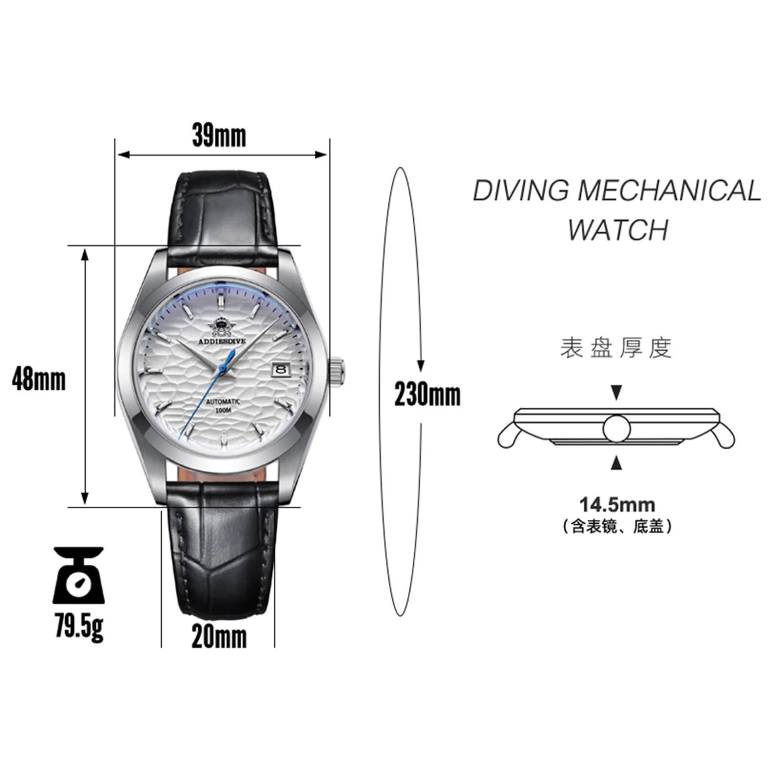 ADDIESDIVE Men's Stainless Steel White Dial  with Black Leather Strap AD2118 - Image 3
