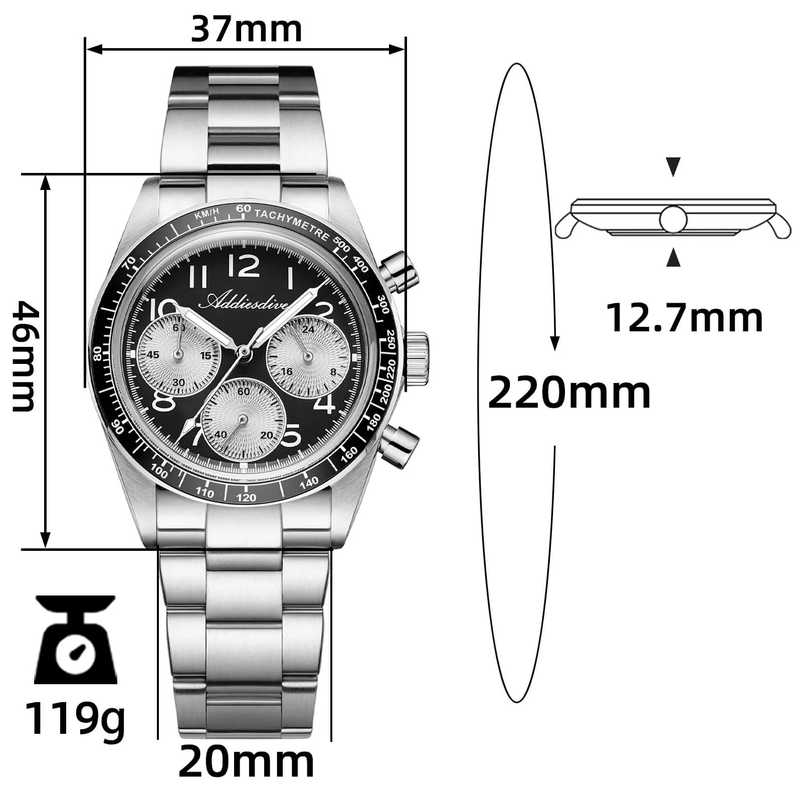 ★India Warehouse★ADDIESDIVE 37mm VK63 Triple-Register Chronograph Watch AD2517 - Image 3